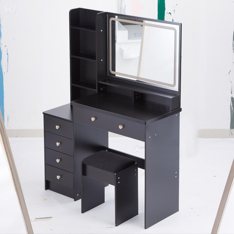 Large Size Left Bedside Cabinet Vanity Table With Cushioned Stool, Extra Large Touch Control LED Mirror, 3-Color Switch, High Capacity Storage