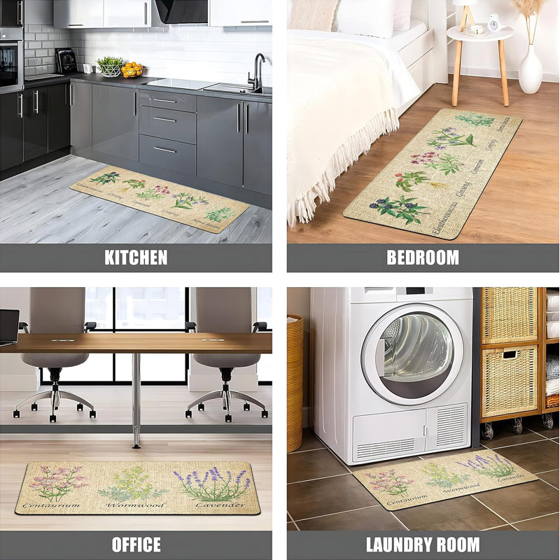 Farmhouse Beige and Green Cushioned Anti-Fatigue Kitchen Mat Set