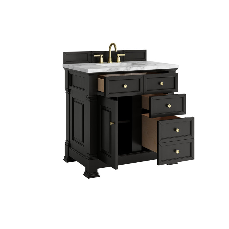 Meuble-lavabo simple 36 po avec plateau Brookfield, Noir onyx, Blanc de Carrare, À entraxe