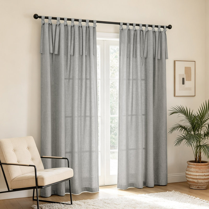 Linen Texture Tie Top Light Filtering Curtain Pair(2 Panels), 52' W x 108" L, Light Gray