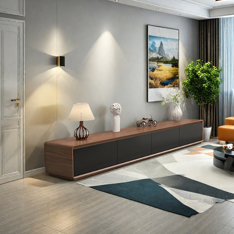 Meuble télé multi-tiroirs avec base pleine, H 13,77 po x L 86,61 po x l 15,74 po, Noir / brun clair