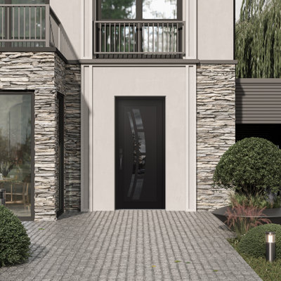 C12 Right-Hand 36 In. X 80 In. Panel Black Steel Black And Black Mirrored Glass Prehung Front Entry Door