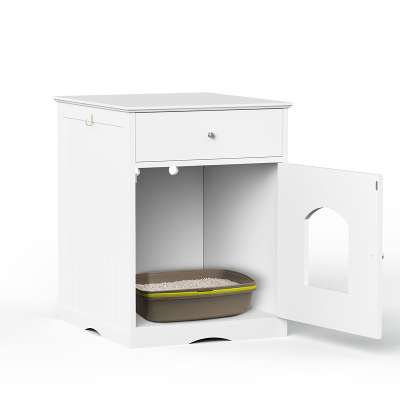 Enceinte de litière pour chat en bois avec table d'appoint et tiroir, Blanc