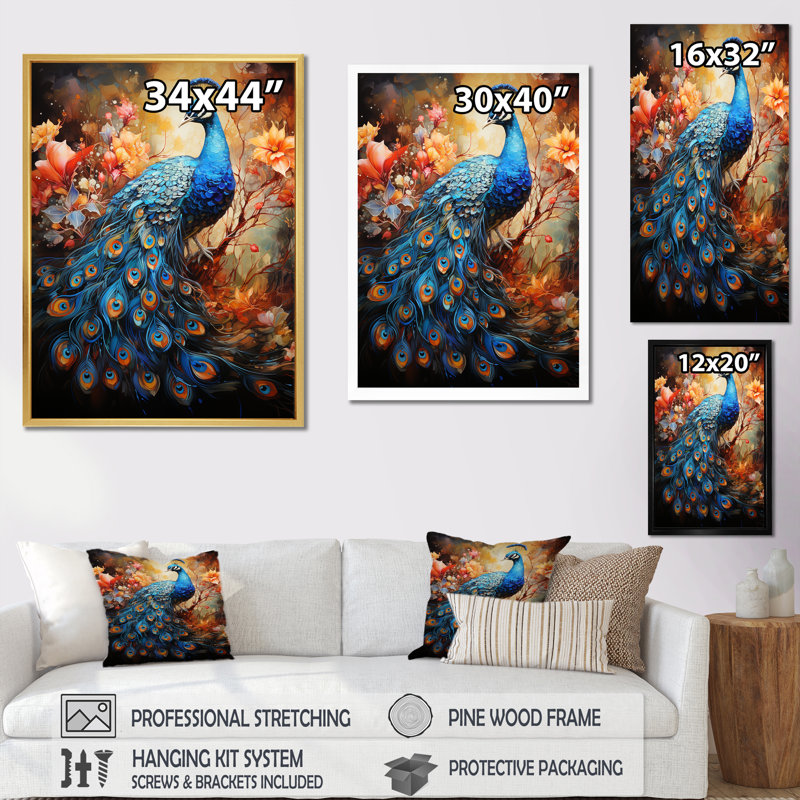 «Majestic Blooming Plumage Peacock II», reproduction sur toile, Cadre flottant blanc, H 44 po x l 34 po x P 1,5 po