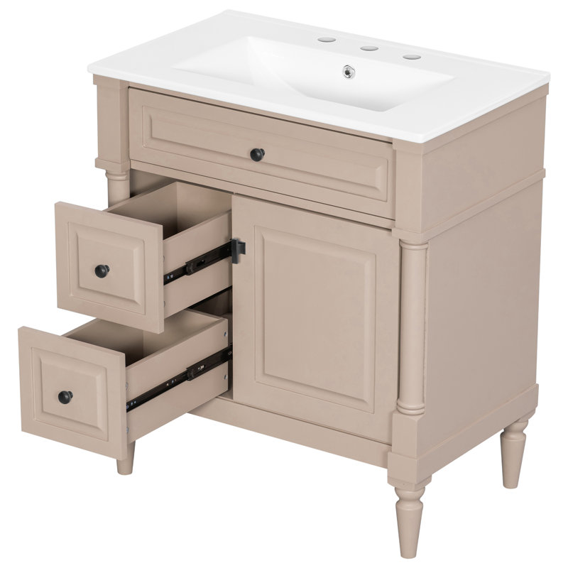 Meuble-lavabo élégant l 30 po avec lavabo en céramique, Marron clair