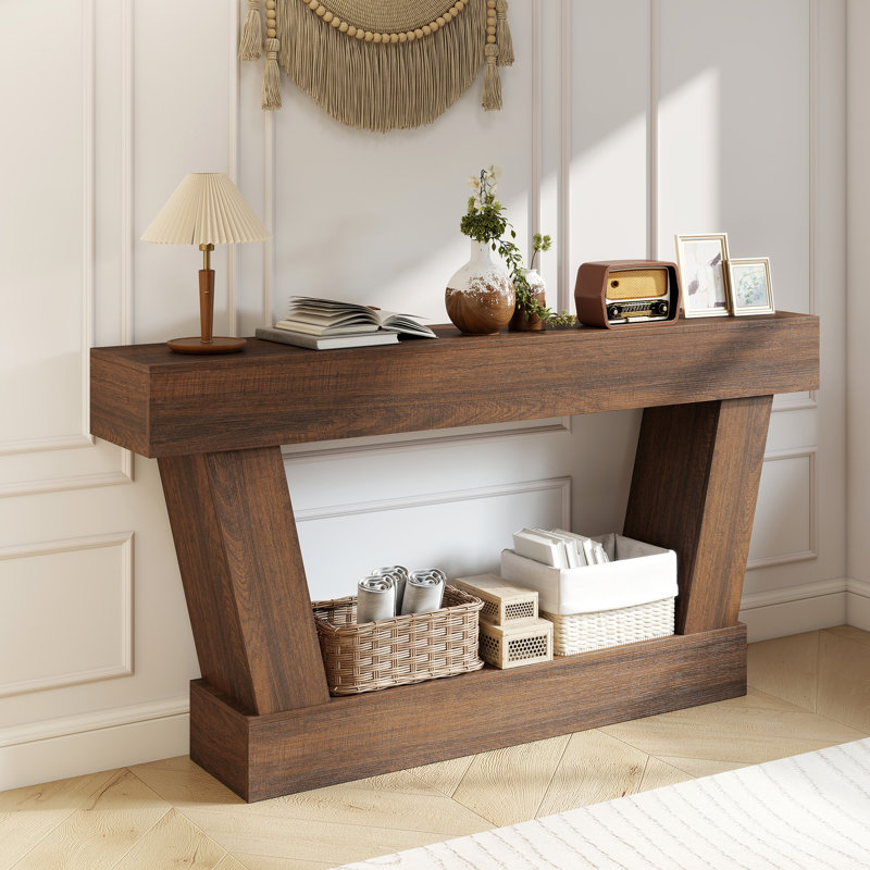 Console 63 pouces rétro, table d'entrée étroite avec tablette ouverte, canapé pour le salon, couloir, brun, Brun