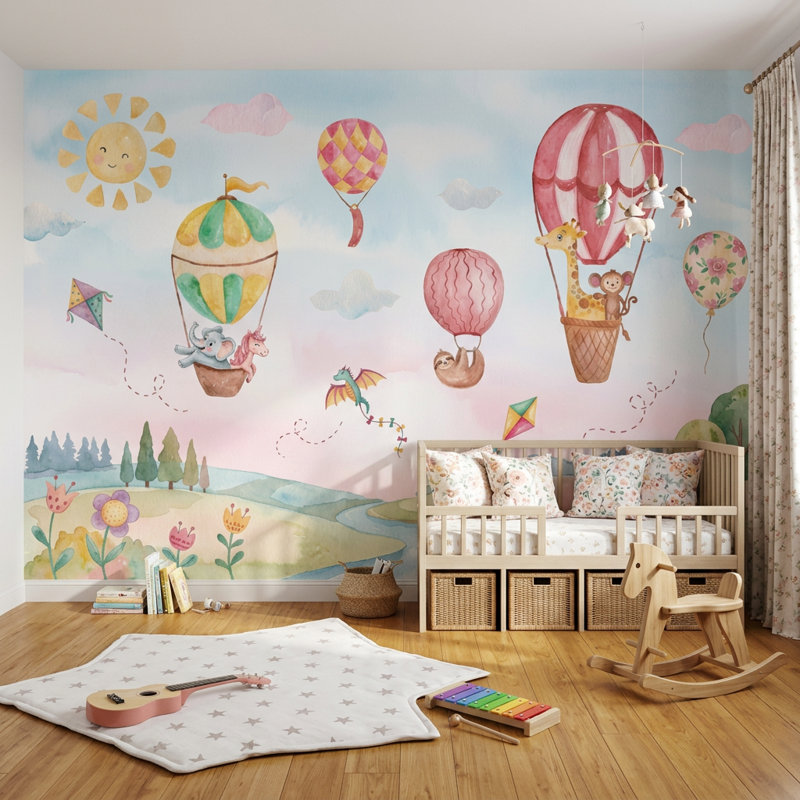Papier peint montgolfière pour enfants, 100 po x 96 po, Peler et coller