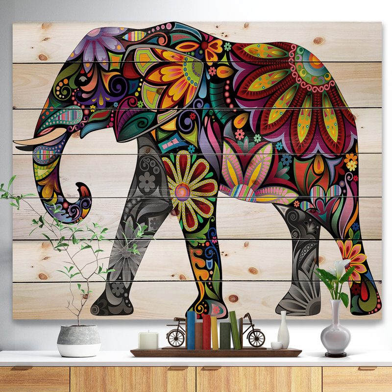 « yellow joyeuse éléphant », impression, H 30 po x l 40 po x P 1,5 po, Bois