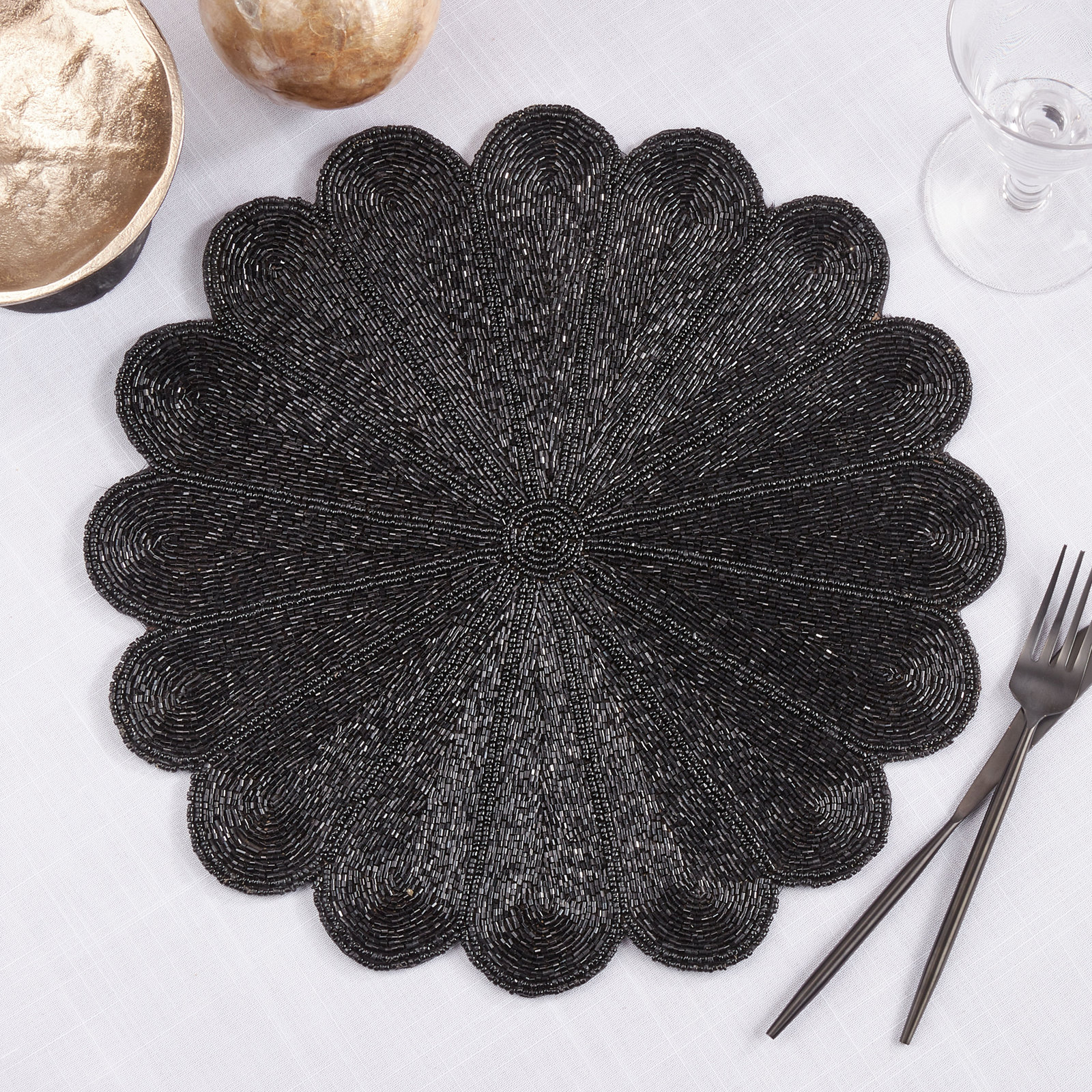 Kaeto Flower Design Beaded 15" Glass Placemat, Black