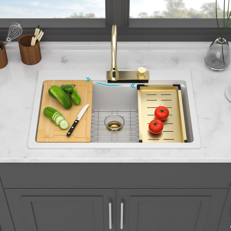 Quartz Kitchen Sink - granite composite Workstation Drop-in kitchen sink 30"x22"x10", White
