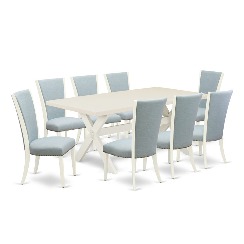 Ensemble de salle à manger en bois massif Laumann, Lin blanc, 9 Pieces: Table, 8 Chairs, Bleu pastel