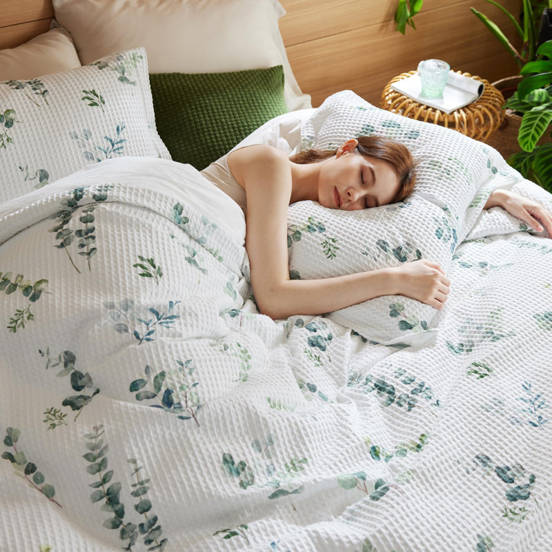 Housse de couette 100% coton tissée gaufrée, Housse de couette grand + 2 taies décoratives sta