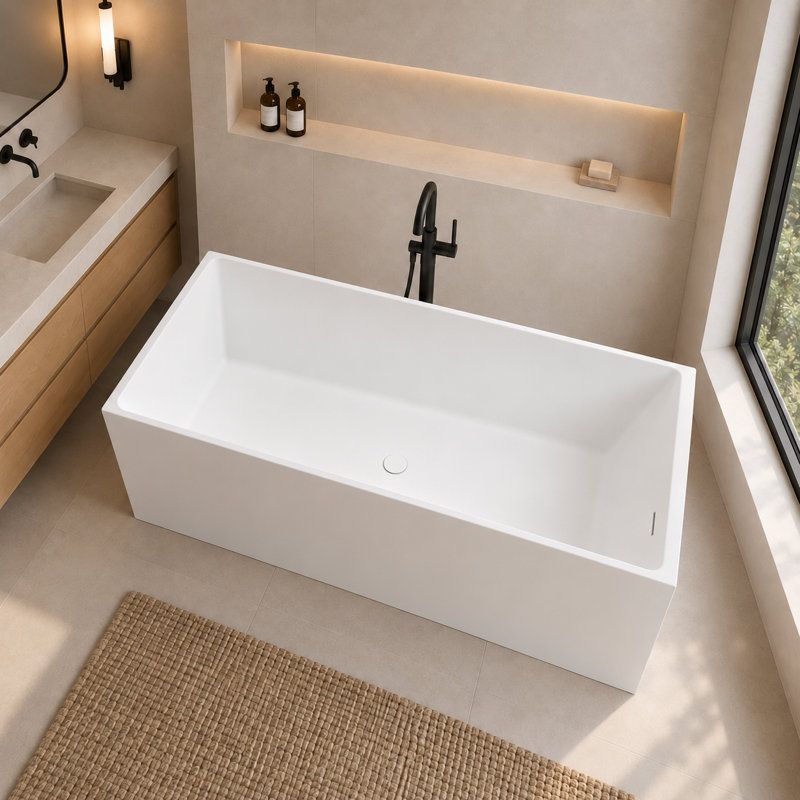 59" Freestanding Solid Surface Soaking Bathtub Thick Backrest Rectangle Tub In White
