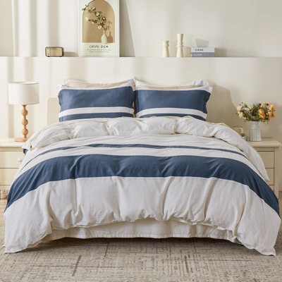 Linen Duvet Cover Set With Stripe Rustic Natural Flax Cotton Blend