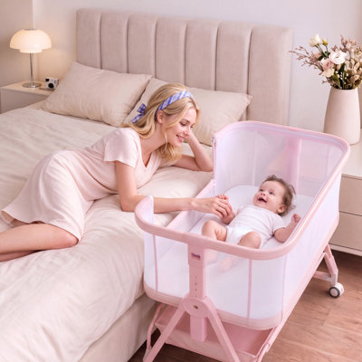 Baby Bassinet Bedside Sleeper, 6-Level Height Adjustable Bedside Crib with 360°Lockable Wheels, Portable Bassinet for Newborns and Infants,Pink