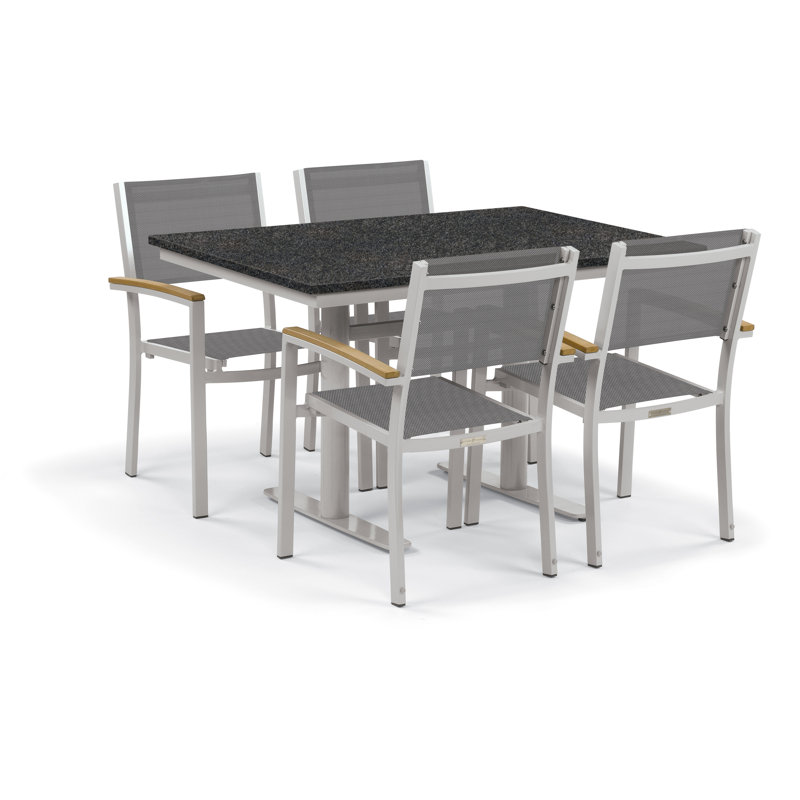 Travira Stacking Patio Arm Chair, Titanium Basketweave, Tekwood Natural, Flint