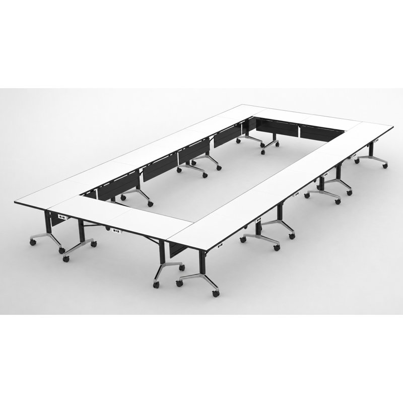 Tables de formation mobiles commerciales avec alimentation intégrée | Ensemble de 8 | Tables gigognes pliables de 80 po | Roulettes verrouillables | Mobilier de salle de conférence et de classe | Blanc | Sièges 16