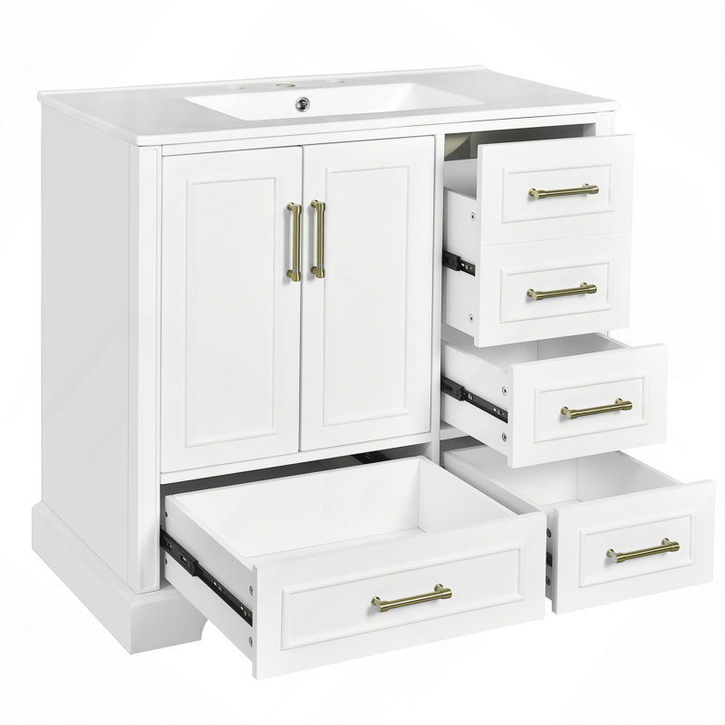 Meuble-lavabo traditionnel 36 po avec lavabo en céramique, armoire de salle de bain avec deux portes à fermeture douce et quatre tiroirs