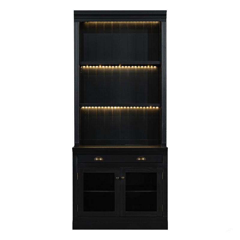 83.4"Tall Bookshelf Suite with LED Lighting, Modern Bookcases with Glass Doors and Drawers,2-Piece Set Storage Bookcase Suite with Open Shelves for Living Room,Home Office,Black