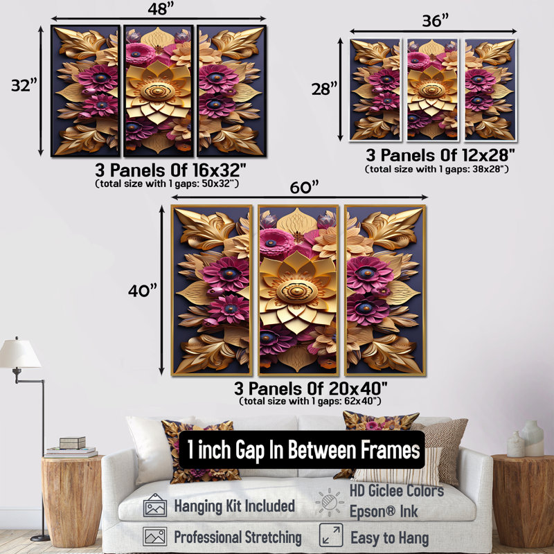Balen - lot d'art mural lotus, Encadrement argenté, H 40 po x l 60 po x P 1 po