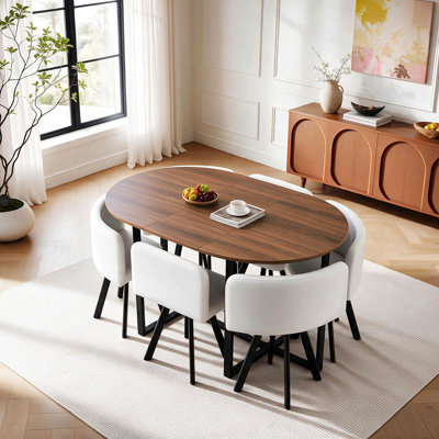 6 White Pu Upholstered Curved Back Dining Chairs,7 Piece Oval Dining Table Set,59 Inch Walnut Wood Grain Fixed Tabletop With Metal Cross Frame,Kitchen Dining Room Set For 6