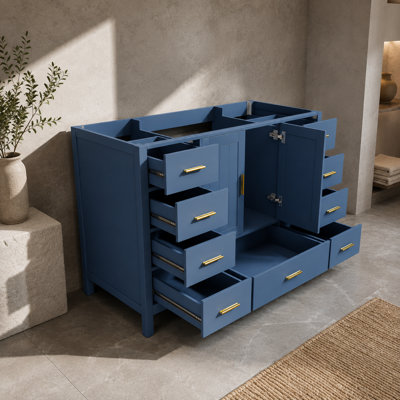 Meuble-lavabo de salle de bain bleu de 42,09 pouces avec portes à fermeture douce et 9 tiroirs à glissière lisses
