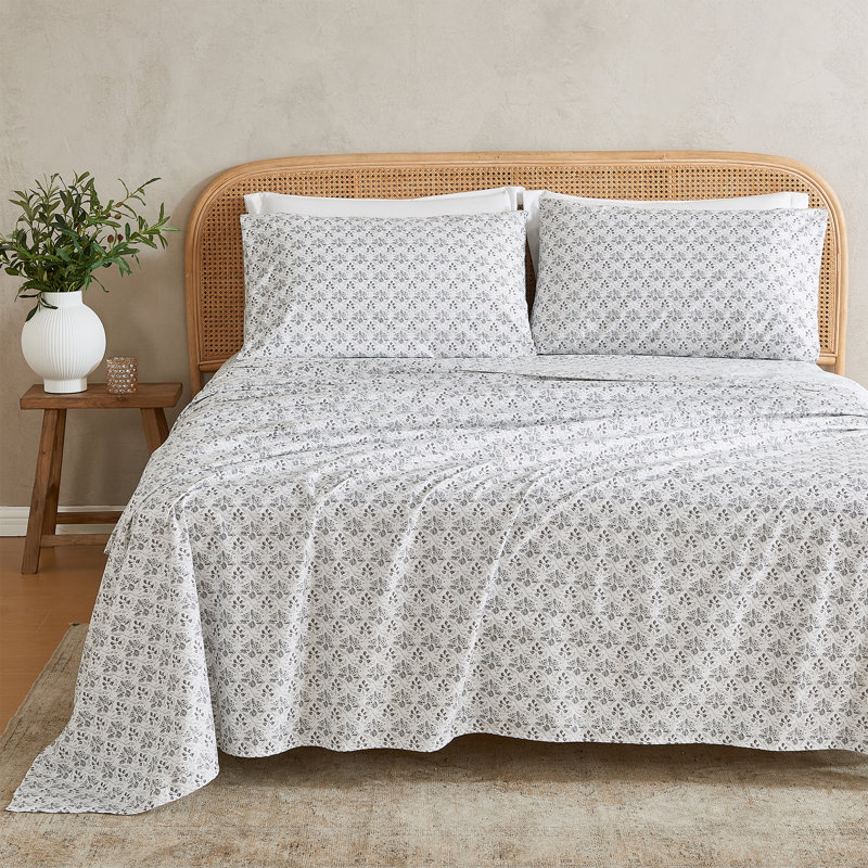 Ultra-Soft Floral Printed Microfiber Sheet Set, Ensemble de draps pour très grand lit avec 2 taie, Floral abstrait gris clair