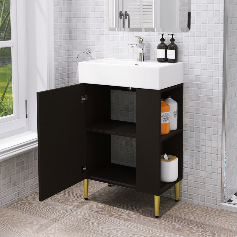 Petit meuble-lavabo de 21,6 pouces avec rangement à droite, lavabo en céramique, Black
