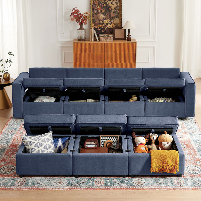 Grand canapé modulaire 4 places avec 3 repose-pieds 117,3 po, Rembourrage en mousse bleue