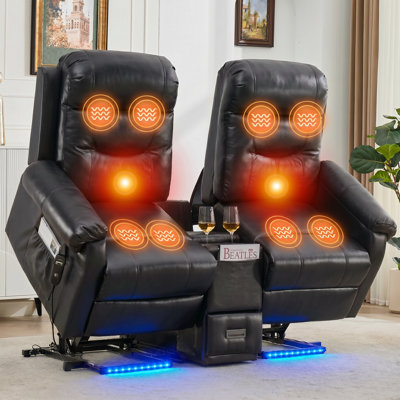 Canapé inclinable électrique Power Lift avec massage et chaleur, causeuse inclinable électrique avec lumière DEL, USB, porte-gobelets, console de rangement et coussin lombaire