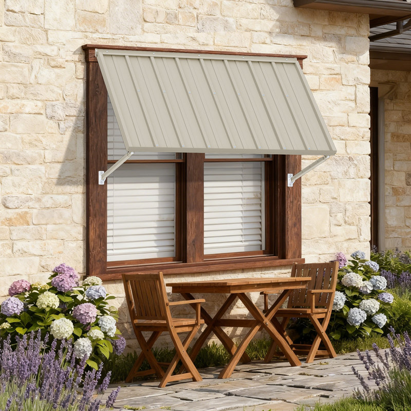 Kozyard Adjustable Door Window Awning – 4-Level Tilt, 95" W × 43 1/2" Sloped Panel, Adjustable Projection 31"–42", Aluminum Frame & Metal Canopy, All-Weather Rain, Snow & UV Protection (Khaki)