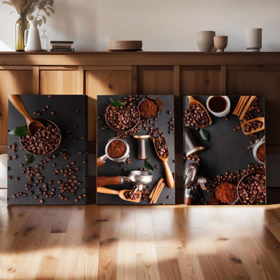 Ensemble de 3 affiches murales encadrées sur le thème du café, avec des impressions rustiques de grains de café et d'outils de barista, pour la décoration de la cuisine et de la salle à manger, style ferme moderne, idéal pour les amateurs de café.