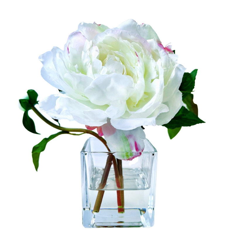 Peony Flower Arrangement in Glass Vase, White