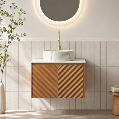 RUBEN 24" Bathroom Vanity&Sink, Floating Plywood Storage Cabinet, Twill Double Doors With Metal Trim, Matte Stone Pattern White Round Ceramic Basin&Sintered Stone Top, Brown Oak Woodgrain (New SKU)
