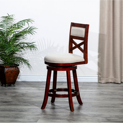 Tabouret pivotant de 24 po à hauteur de comptoir avec finition cerisier, siège beige, tabouret douillet et élégant, cerisier, tissu, polyvalent pour n'importe quelle pièce