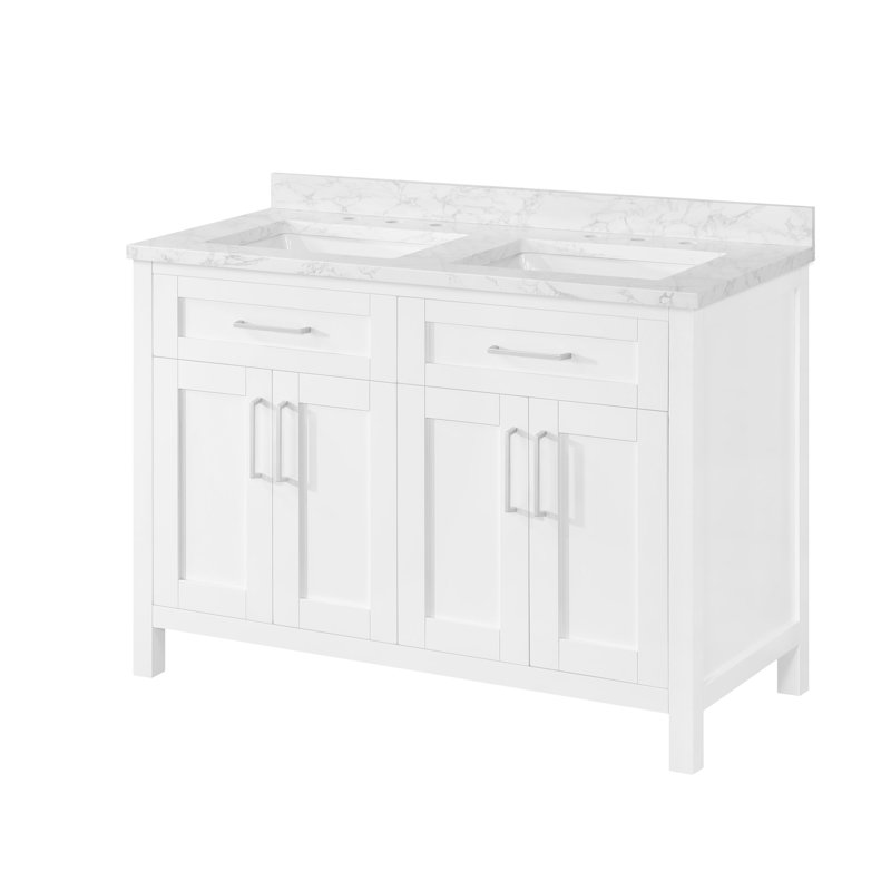 Meuble-lavabo double avec comptoir Xenya 48,03, Blanc, Nickel brossé