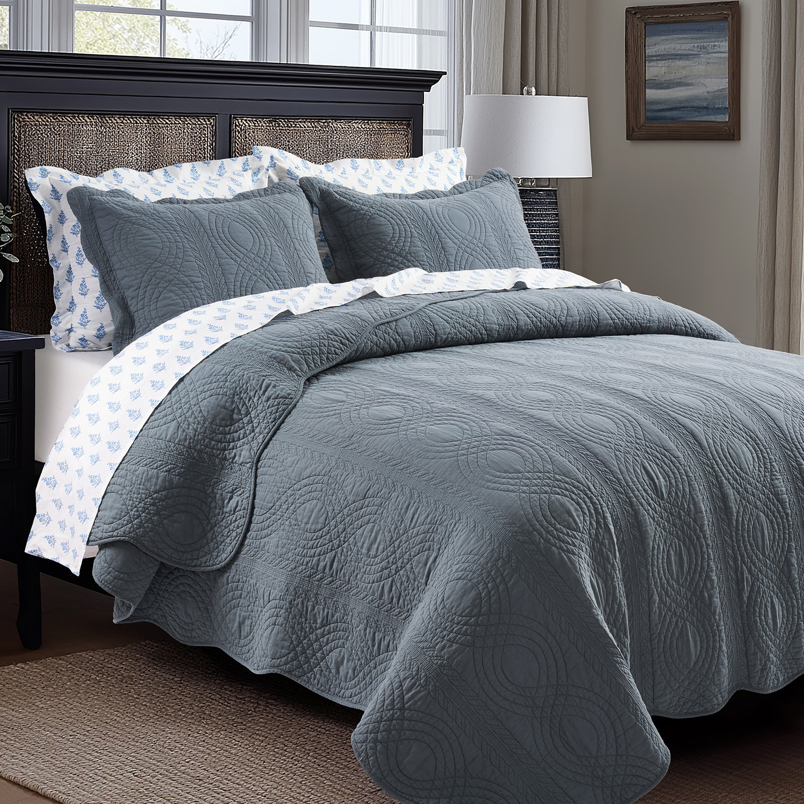 Scallop Edge 100% Cotton Quilt Set, King Quilt + 2 King Shams, Stormy Blue