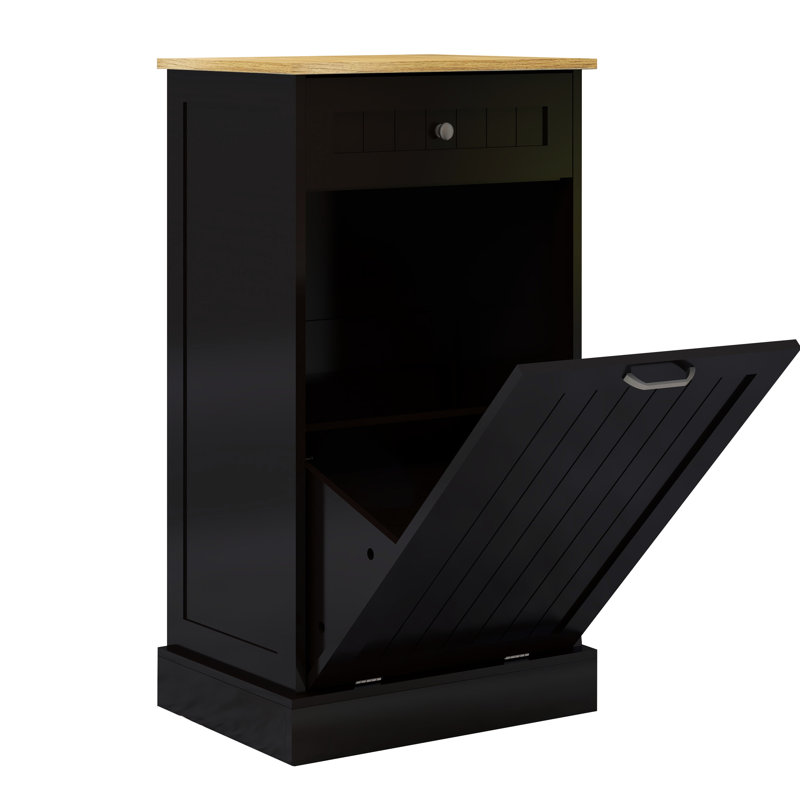 Fashionable Black Trash Cabinet With Tilt-Out Design For 10 Gallon Cans, Top Can Hold Photo Frames Pull-Out Drawer And Compartment, Be Used As Recycling Box, Blocks Odours
