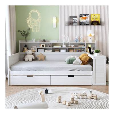 Wooden Full Size Daybed With Storage Shelves, Multi-Functional Bed With Two Storage Drawers And  Study Desk, Antique White