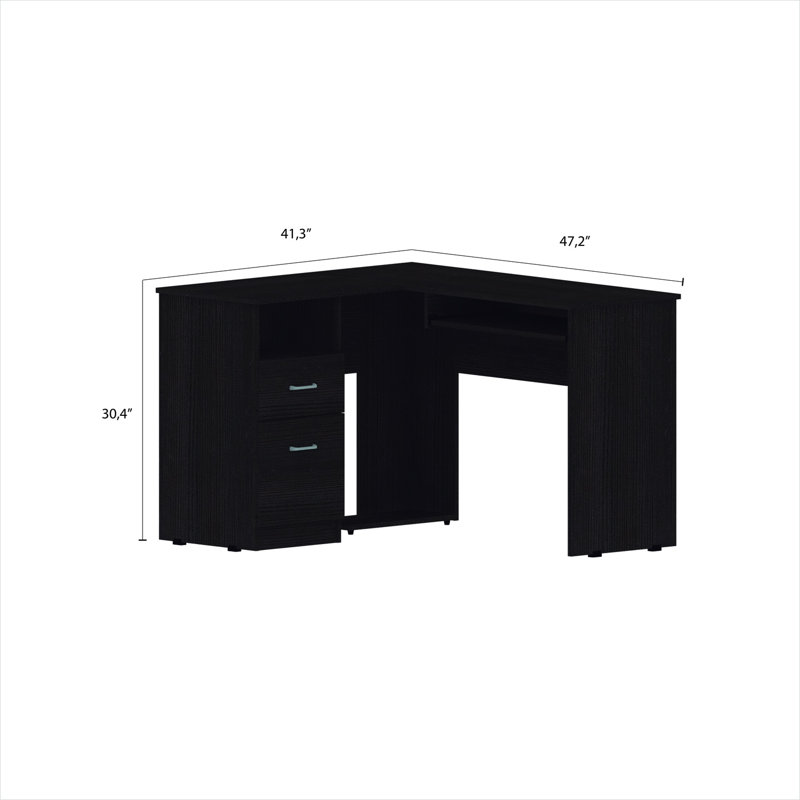 Poste de travail d'ordinateur de coin en forme de L en noir de bureau d'ordinateur avec panneau de particules, large surface de 47,2 pouces et tiroirs
