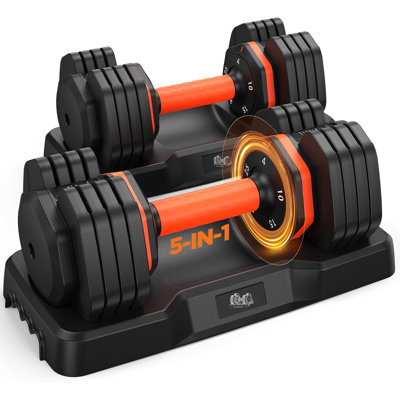 FED Fitness FDB2 Adjustable Dumbbells Pair, 50 lb Total, 5-in-1 Quick Adjust, Anti-Slip Grip and Storage Tray for Home Gym