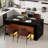 63" Rectangular Imitation Marble Dining Table For 4-6 People, Modern Kitchen Island Table With Led Lights And Grille Design (black) ﻿