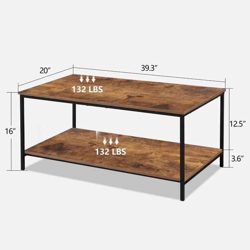 Table basse rectangulaire à 2 niveaux avec tablette de rangement, table centrale fonctionnelle