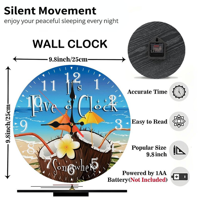 Horloge murale en bois 10 po, mouvement silencieux, à piles (piles AA non incluses), décor artistique, parfait pour les décorations