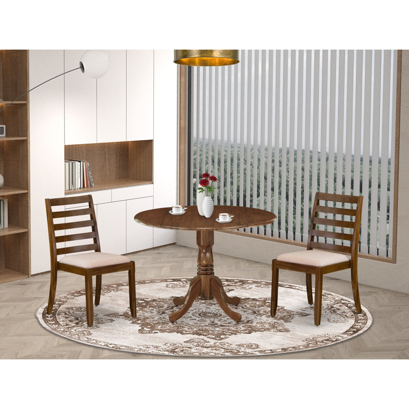 Dining set includes a Round Table and Polyester Fabric stackable Chair, Antique Walnut, 3, Light Tan