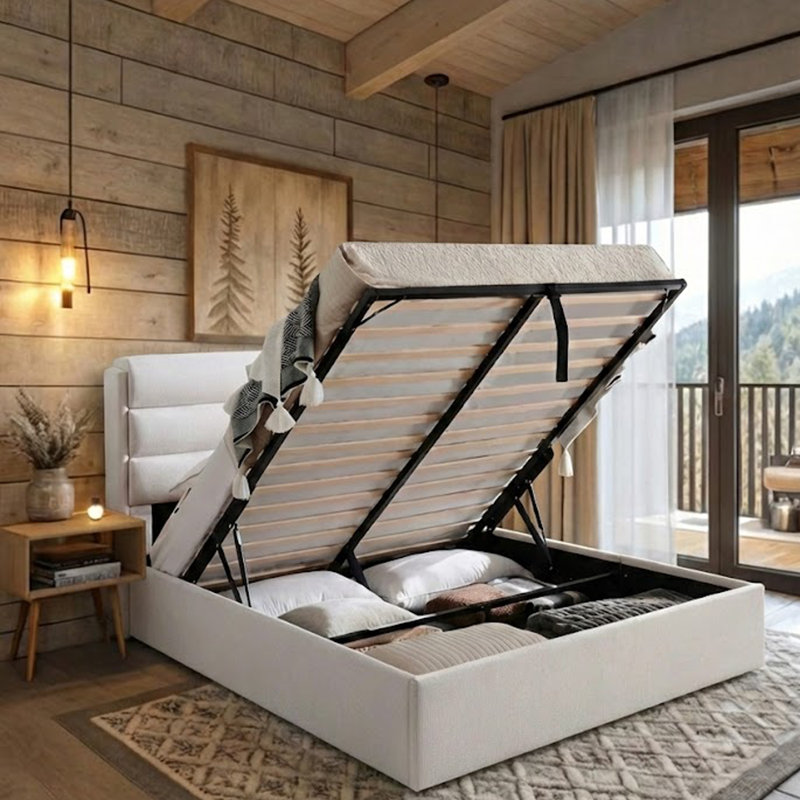 Structure de lit pour tête de lit à 3 panneaux en lin avec rangement relevable, sans sommier tapissier, ivoire, Grand