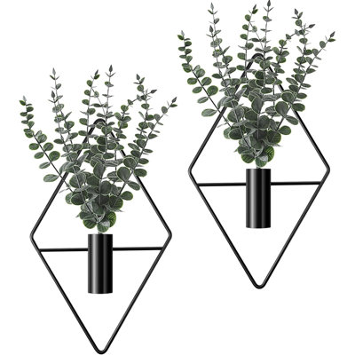 4 pots de fleurs suspendus avec vase en métal d'eucalyptus artificiel pour plantes d'intérieur et support mural moderne géométrique pour salle de bain (noir)