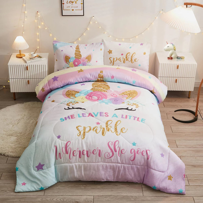 5-Piece Bed in a Bag, 3D Colorful Unicorn Bedding Comforter Sheet Set, Ultra Soft and Fluffy, Pink & Rainbow Color
