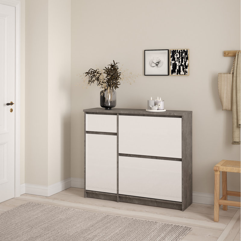 Aveon 12 Pair Shoe Storage Cabinet, Concrete/White High Gloss