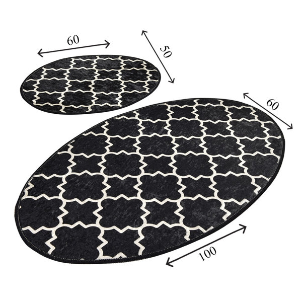 New Season Oval Fringed 2 Pieces Digital Print Velvet Bath Mat Set